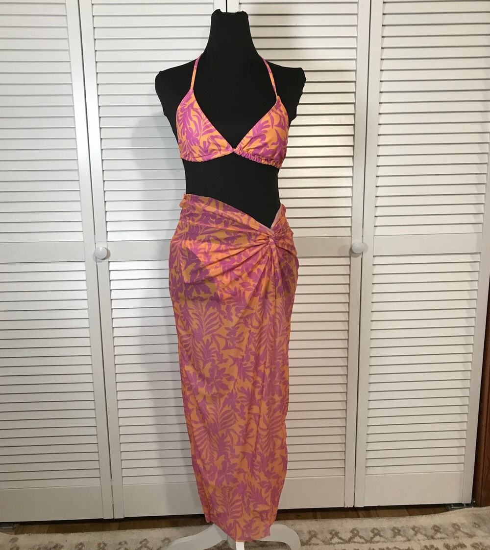 NWT Tropical Halter Triangle Top String Bikini Bottom Sarong Three Piece  S